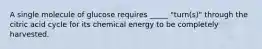 A single molecule of glucose requires _____ "turn(s)" through the citric acid cycle for its chemical energy to be completely harvested.