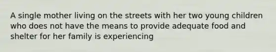 A single mother living on the streets with her two young children who does not have the means to provide adequate food and shelter for her family is experiencing