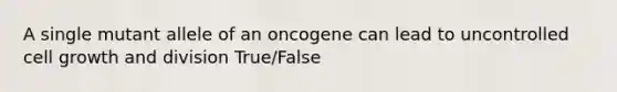 A single mutant allele of an oncogene can lead to uncontrolled cell growth and division True/False