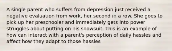 A single parent who suffers from depression just received a negative evaluation from work, her second in a row. She goes to pick up her preschooler and immediately gets into power struggles about putting on his snowsuit. This is an example of how can interact with a parent's perception of daily hassles and affect how they adapt to those hassles