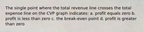 The single point where the total revenue line crosses the total expense line on the CVP graph indicates: a. profit equals zero b. profit is less than zero c. the break-even point d. profit is greater than zero