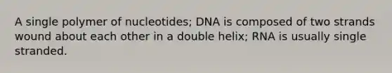 A single polymer of nucleotides; DNA is composed of two strands wound about each other in a double helix; RNA is usually single stranded.