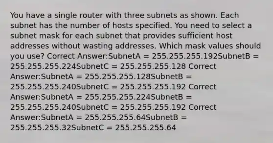 You have a single router with three subnets as shown. Each subnet has the number of hosts specified. You need to select a subnet mask for each subnet that provides sufficient host addresses without wasting addresses. Which mask values should you use? Correct Answer:SubnetA = 255.255.255.192SubnetB = 255.255.255.224SubnetC = 255.255.255.128 Correct Answer:SubnetA = 255.255.255.128SubnetB = 255.255.255.240SubnetC = 255.255.255.192 Correct Answer:SubnetA = 255.255.255.224SubnetB = 255.255.255.240SubnetC = 255.255.255.192 Correct Answer:SubnetA = 255.255.255.64SubnetB = 255.255.255.32SubnetC = 255.255.255.64