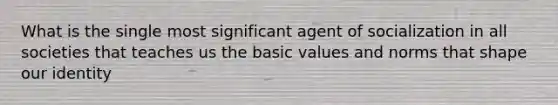 What is the single most significant agent of socialization in all societies that teaches us the basic values and norms that shape our identity