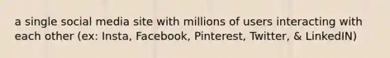 a single social media site with millions of users interacting with each other (ex: Insta, Facebook, Pinterest, Twitter, & LinkedIN)