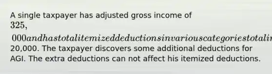 A single taxpayer has adjusted gross income of 325,000 and has total itemized deductions in various categories totaling20,000. The taxpayer discovers some additional deductions for AGI. The extra deductions can not affect his itemized deductions.