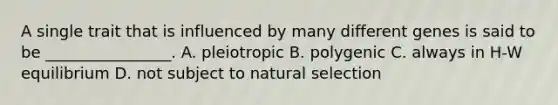 A single trait that is influenced by many different genes is said to be ________________. A. pleiotropic B. polygenic C. always in H-W equilibrium D. not subject to natural selection