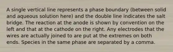 A single vertical line represents a phase boundary (between solid and aqueous solution here) and the double line indicates the salt bridge. The reaction at the anode is shown by convention on the left and that at the cathode on the right. Any electrodes that the wires are actually joined to are put at the extremes on both ends. Species in the same phase are separated by a comma.