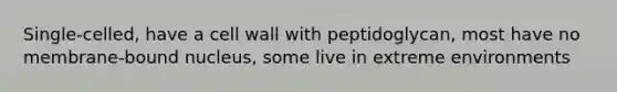 Single-celled, have a cell wall with peptidoglycan, most have no membrane-bound nucleus, some live in extreme environments