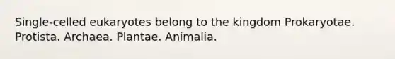 Single-celled eukaryotes belong to the kingdom Prokaryotae. Protista. Archaea. Plantae. Animalia.