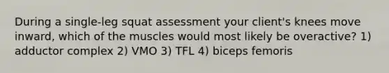 During a single-leg squat assessment your client's knees move inward, which of the muscles would most likely be overactive? 1) adductor complex 2) VMO 3) TFL 4) biceps femoris