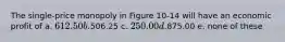 The single-price monopoly in Figure 10-14 will have an economic profit of a. 612.50 b.506.25 c. 250.00 d.875.00 e. none of these