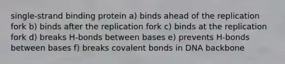 single-strand binding protein a) binds ahead of the replication fork b) binds after the replication fork c) binds at the replication fork d) breaks H-bonds between bases e) prevents H-bonds between bases f) breaks covalent bonds in DNA backbone