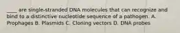 ____ are single-stranded DNA molecules that can recognize and bind to a distinctive nucleotide sequence of a pathogen. A. Prophages B. Plasmids C. Cloning vectors D. DNA probes