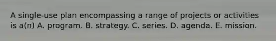 A single-use plan encompassing a range of projects or activities is a(n) A. program. B. strategy. C. series. D. agenda. E. mission.