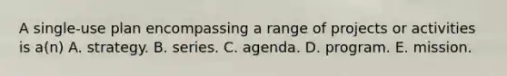 A single-use plan encompassing a range of projects or activities is a(n) A. strategy. B. series. C. agenda. D. program. E. mission.