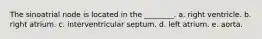 The sinoatrial node is located in the ________. a. right ventricle. b. right atrium. c. interventricular septum. d. left atrium. e. aorta.