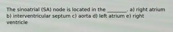 The sinoatrial (SA) node is located in the ________. a) right atrium b) interventricular septum c) aorta d) left atrium e) right ventricle