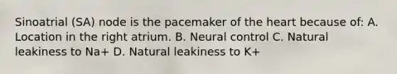 Sinoatrial (SA) node is the pacemaker of the heart because of: A. Location in the right atrium. B. Neural control C. Natural leakiness to Na+ D. Natural leakiness to K+