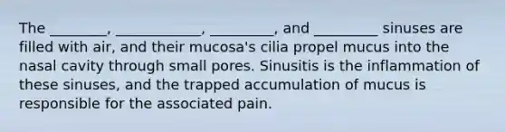 The ________, ____________, _________, and _________ sinuses are filled with air, and their mucosa's cilia propel mucus into the nasal cavity through small pores. Sinusitis is the inflammation of these sinuses, and the trapped accumulation of mucus is responsible for the associated pain.