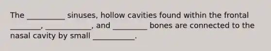 The __________ sinuses, hollow cavities found within the frontal ________, ____________, and _________ bones are connected to the nasal cavity by small ___________.