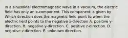 In a sinusoidal electromagnetic wave in a vacuum, the electric field has only an x-component. This component is given by Which direction does the magnetic field point to when the electric field points to the negative x-direction A. positive y-direction. B. negative y-direction. C. positive z-direction. D. negative z-direction. E. unknown direction.