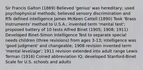 Sir Francis Galton (1869) Believed 'genius' was hereditary; used psychophysical methods; believed sensory discrimination and RTs defined intelligence James McKeen Cattell (1890) Took 'Brass Instruments' method to U.S.A.; invented term 'mental test'; proposed battery of 10 tests Alfred Binet (1905; 1908; 1911) Developed Binet-Simon Intelligence Test to separate special needs children (three revisions) from ages 3-13; intelligence was 'good judgment' and changeable; 1908 revision invented term 'mental level/age'; 1911 revision extended into adult range Lewis Terman (1916) Coined abbreviation IQ; developed Stanford-Binet Scale for U.S. schools and adults