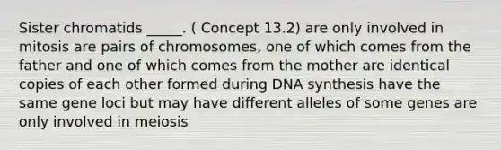 Sister chromatids _____. ( Concept 13.2) are only involved in mitosis are pairs of chromosomes, one of which comes from the father and one of which comes from the mother are identical copies of each other formed during DNA synthesis have the same gene loci but may have different alleles of some genes are only involved in meiosis