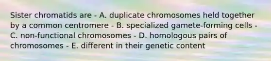 Sister chromatids are - A. duplicate chromosomes held together by a common centromere - B. specialized gamete-forming cells - C. non-functional chromosomes - D. homologous pairs of chromosomes - E. different in their genetic content