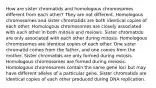 How are sister chromatids and homologous chromosomes different from each other? They are not different. Homologous chromosomes and sister chromatids are both identical copies of each other. Homologous chromosomes are closely associated with each other in both mitosis and meiosis. Sister chromatids are only associated with each other during mitosis. Homologous chromosomes are identical copies of each other. One sister chromatid comes from the father, and one comes from the mother. Sister chromatids are only formed during mitosis. Homologous chromosomes are formed during meiosis. Homologous chromosomes contain the same gene loci but may have different alleles of a particular gene. Sister chromatids are identical copies of each other produced during DNA replication.