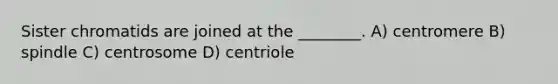 Sister chromatids are joined at the ________. A) centromere B) spindle C) centrosome D) centriole