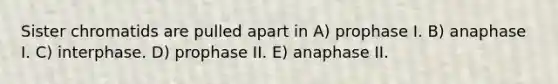 Sister chromatids are pulled apart in A) prophase I. B) anaphase I. C) interphase. D) prophase II. E) anaphase II.