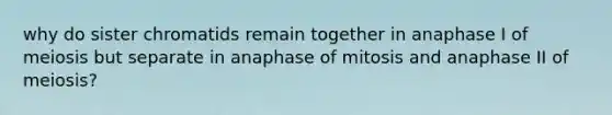 why do sister chromatids remain together in anaphase I of meiosis but separate in anaphase of mitosis and anaphase II of meiosis?