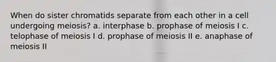 When do sister chromatids separate from each other in a cell undergoing meiosis? a. interphase b. prophase of meiosis I c. telophase of meiosis I d. prophase of meiosis II e. anaphase of meiosis II