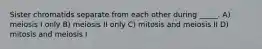 Sister chromatids separate from each other during _____. A) meiosis I only B) meiosis II only C) mitosis and meiosis II D) mitosis and meiosis I