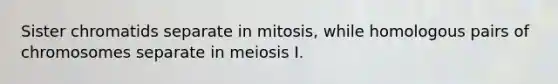 Sister chromatids separate in mitosis, while homologous pairs of chromosomes separate in meiosis I.