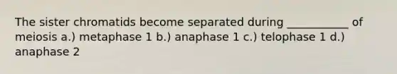 The sister chromatids become separated during ___________ of meiosis a.) metaphase 1 b.) anaphase 1 c.) telophase 1 d.) anaphase 2