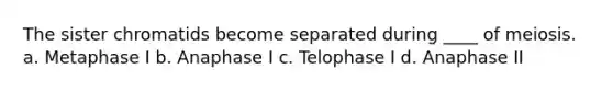 The sister chromatids become separated during ____ of meiosis. a. Metaphase I b. Anaphase I c. Telophase I d. Anaphase II