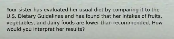 Your sister has evaluated her usual diet by comparing it to the U.S. Dietary Guidelines and has found that her intakes of fruits, vegetables, and dairy foods are lower than recommended. How would you interpret her results?