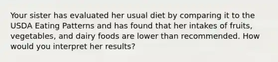 Your sister has evaluated her usual diet by comparing it to the USDA Eating Patterns and has found that her intakes of fruits, vegetables, and dairy foods are lower than recommended. How would you interpret her results?