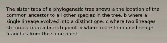 The sister taxa of a phylogenetic tree shows a the location of the common ancestor to all other species in the tree. b where a single lineage evolved into a distinct one. c where two lineages stemmed from a branch point. d where <a href='https://www.questionai.com/knowledge/keWHlEPx42-more-than' class='anchor-knowledge'>more than</a> one lineage branches from the same point.