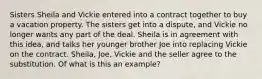 Sisters Sheila and Vickie entered into a contract together to buy a vacation property. The sisters get into a dispute, and Vickie no longer wants any part of the deal. Sheila is in agreement with this idea, and talks her younger brother Joe into replacing Vickie on the contract. Sheila, Joe, Vickie and the seller agree to the substitution. Of what is this an example?