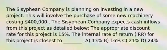 The Sisyphean Company is planning on investing in a new project. This will involve the purchase of some new machinery costing 400,000 . The Sisyphean Company expects cash inflows from this project as detailed below: The appropriate discount rate for this project is 15%. The internal rate of return (IRR) for this project is closest to ________. A) 13% B) 16% C) 21% D) 24%