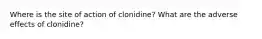 Where is the site of action of clonidine? What are the adverse effects of clonidine?