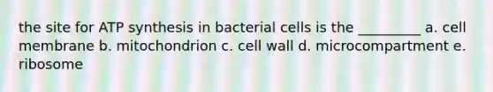 the site for ATP synthesis in bacterial cells is the _________ a. cell membrane b. mitochondrion c. cell wall d. microcompartment e. ribosome