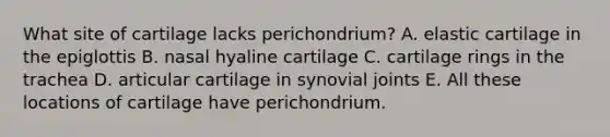 What site of cartilage lacks perichondrium? A. elastic cartilage in the epiglottis B. nasal hyaline cartilage C. cartilage rings in the trachea D. articular cartilage in synovial joints E. All these locations of cartilage have perichondrium.