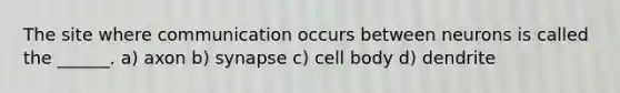 The site where communication occurs between neurons is called the ______. a) axon b) synapse c) cell body d) dendrite