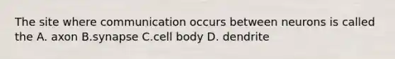 The site where communication occurs between neurons is called the A. axon B.synapse C.cell body D. dendrite