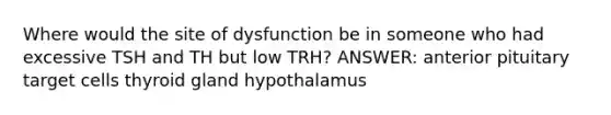 Where would the site of dysfunction be in someone who had excessive TSH and TH but low TRH? ANSWER: anterior pituitary target cells thyroid gland hypothalamus