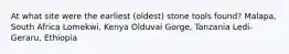 At what site were the earliest (oldest) stone tools found? Malapa, South Africa Lomekwi, Kenya Olduvai Gorge, Tanzania Ledi-Geraru, Ethiopia